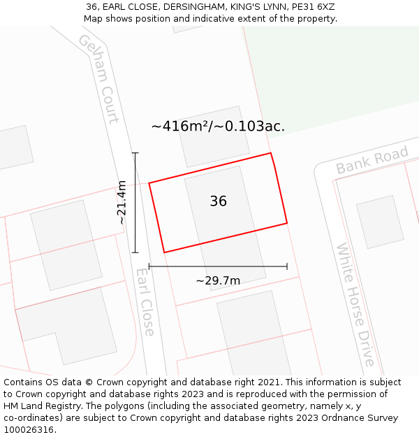 36, EARL CLOSE, DERSINGHAM, KING'S LYNN, PE31 6XZ: Plot and title map
