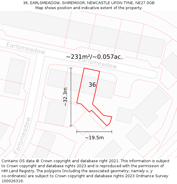 36, EARLSMEADOW, SHIREMOOR, NEWCASTLE UPON TYNE, NE27 0GB: Plot and title map