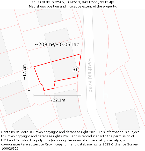 36, EASTFIELD ROAD, LAINDON, BASILDON, SS15 4JE: Plot and title map