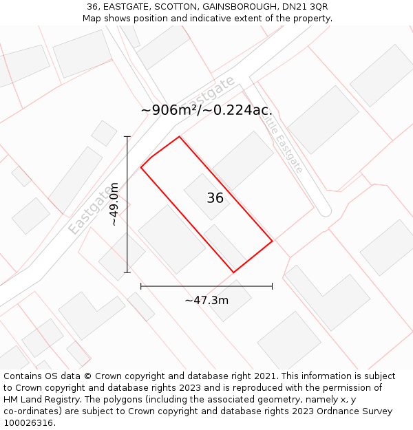 36, EASTGATE, SCOTTON, GAINSBOROUGH, DN21 3QR: Plot and title map