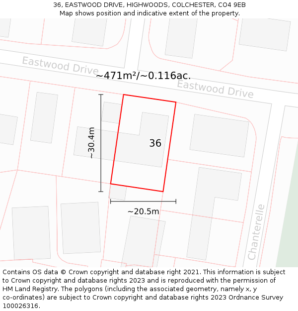 36, EASTWOOD DRIVE, HIGHWOODS, COLCHESTER, CO4 9EB: Plot and title map