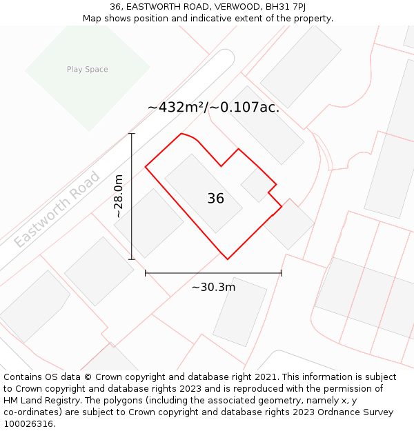 36, EASTWORTH ROAD, VERWOOD, BH31 7PJ: Plot and title map