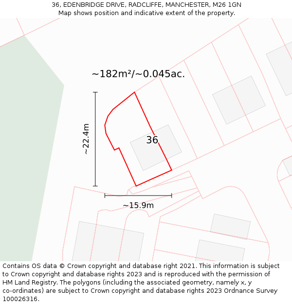 36, EDENBRIDGE DRIVE, RADCLIFFE, MANCHESTER, M26 1GN: Plot and title map
