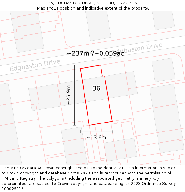 36, EDGBASTON DRIVE, RETFORD, DN22 7HN: Plot and title map