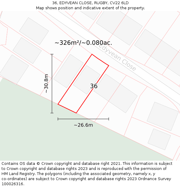 36, EDYVEAN CLOSE, RUGBY, CV22 6LD: Plot and title map