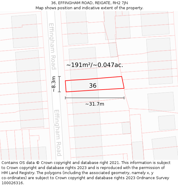 36, EFFINGHAM ROAD, REIGATE, RH2 7JN: Plot and title map