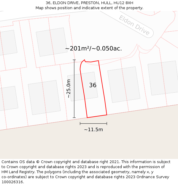 36, ELDON DRIVE, PRESTON, HULL, HU12 8XH: Plot and title map