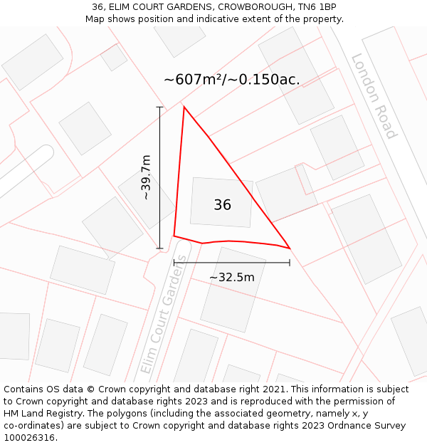 36, ELIM COURT GARDENS, CROWBOROUGH, TN6 1BP: Plot and title map