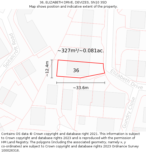 36, ELIZABETH DRIVE, DEVIZES, SN10 3SD: Plot and title map