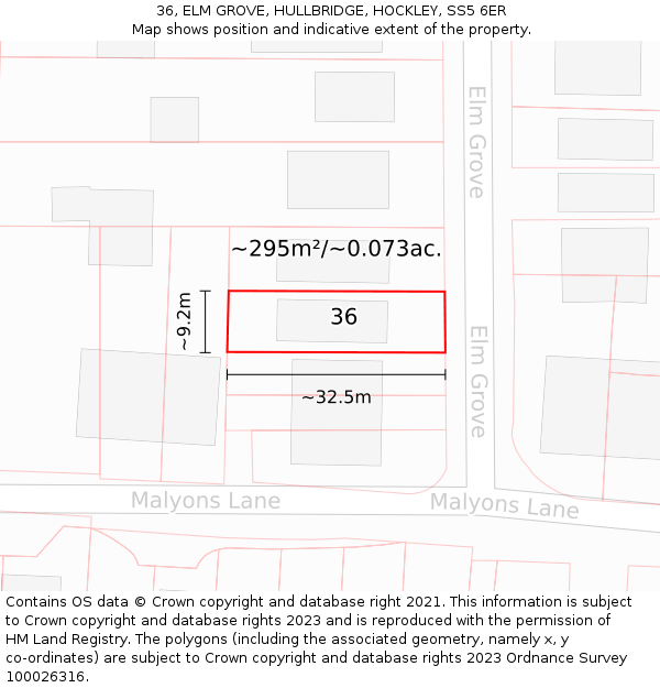 36, ELM GROVE, HULLBRIDGE, HOCKLEY, SS5 6ER: Plot and title map