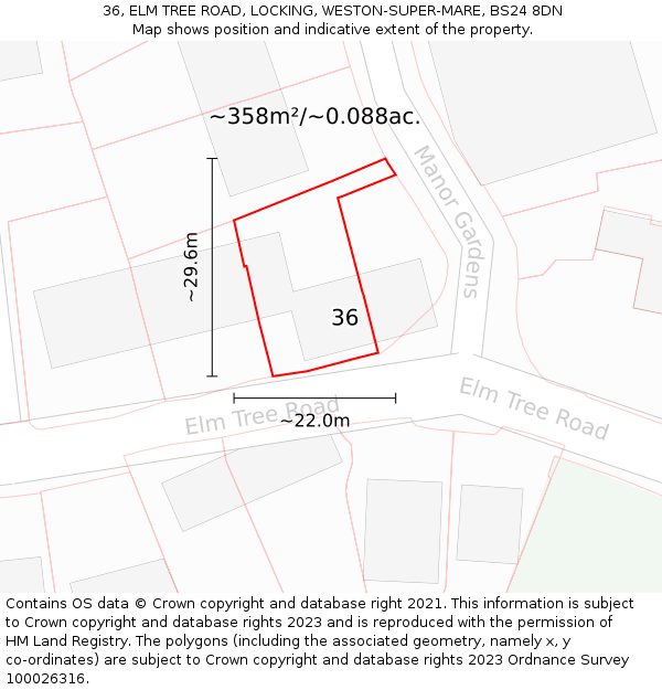 36, ELM TREE ROAD, LOCKING, WESTON-SUPER-MARE, BS24 8DN: Plot and title map