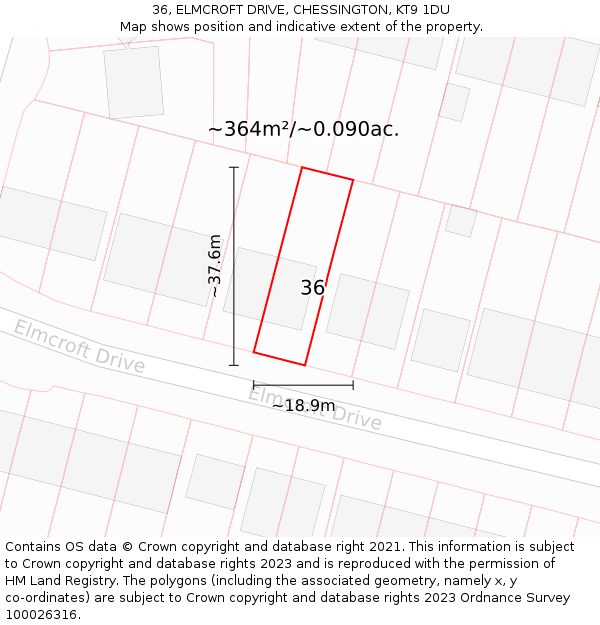 36, ELMCROFT DRIVE, CHESSINGTON, KT9 1DU: Plot and title map
