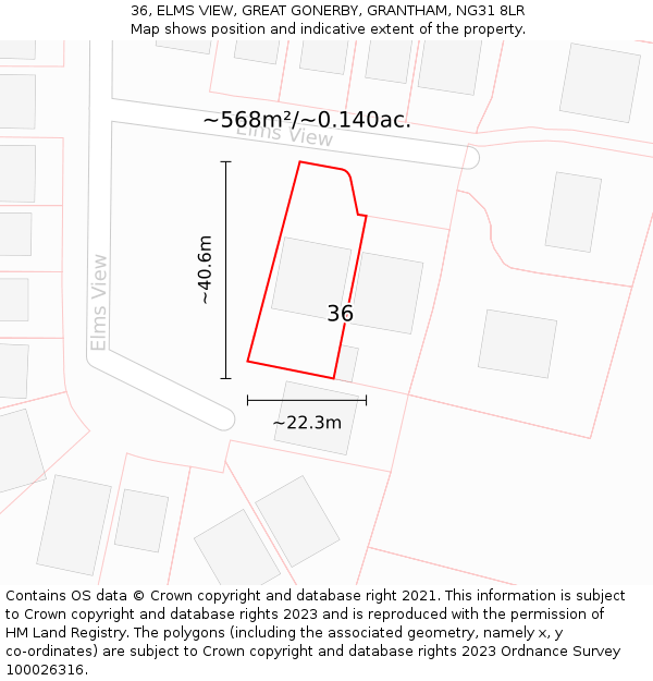 36, ELMS VIEW, GREAT GONERBY, GRANTHAM, NG31 8LR: Plot and title map