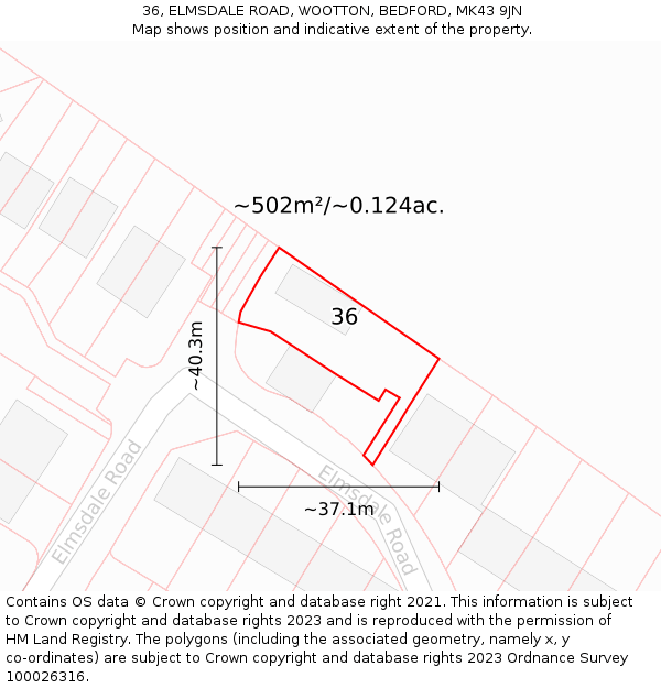 36, ELMSDALE ROAD, WOOTTON, BEDFORD, MK43 9JN: Plot and title map