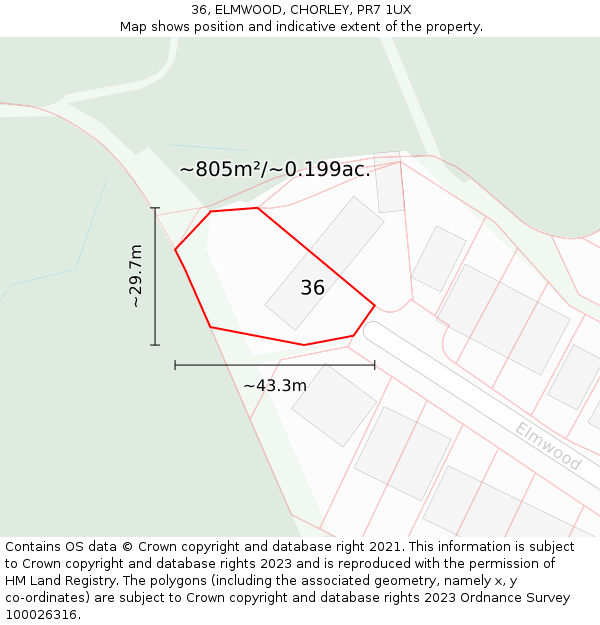 36, ELMWOOD, CHORLEY, PR7 1UX: Plot and title map
