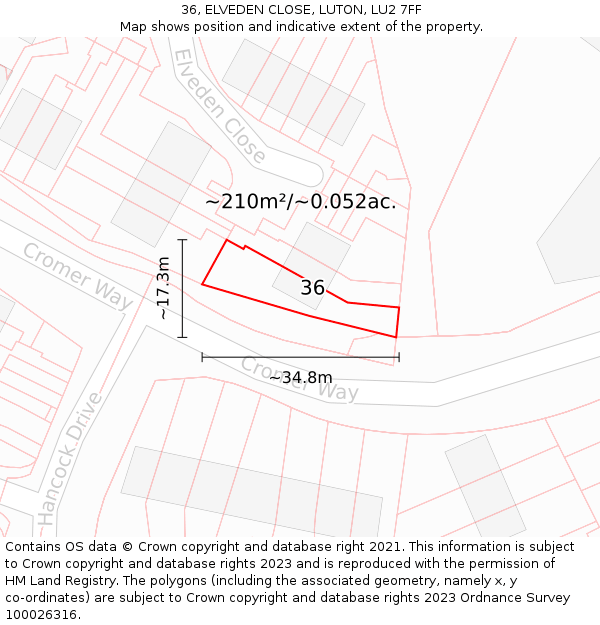 36, ELVEDEN CLOSE, LUTON, LU2 7FF: Plot and title map