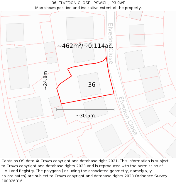 36, ELVEDON CLOSE, IPSWICH, IP3 9WE: Plot and title map