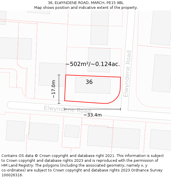 36, ELWYNDENE ROAD, MARCH, PE15 9BL: Plot and title map
