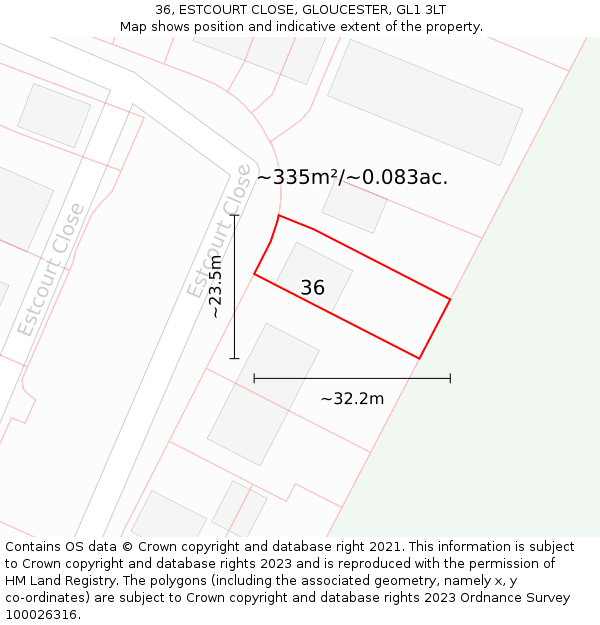 36, ESTCOURT CLOSE, GLOUCESTER, GL1 3LT: Plot and title map