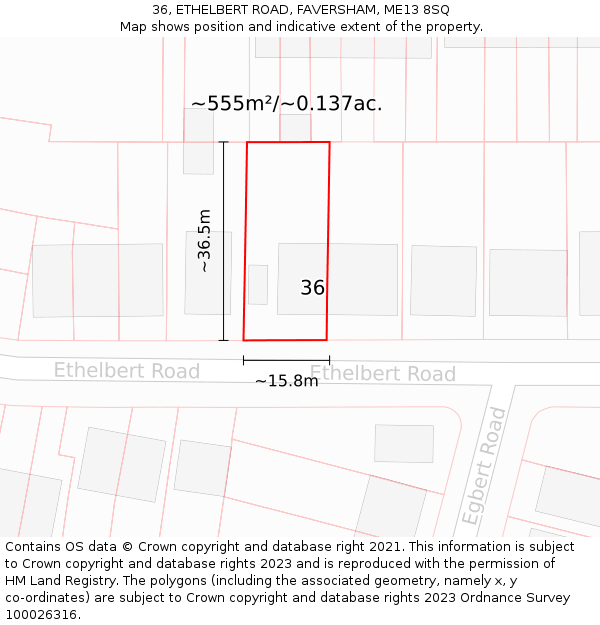 36, ETHELBERT ROAD, FAVERSHAM, ME13 8SQ: Plot and title map