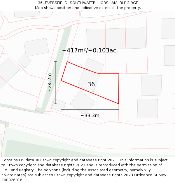 36, EVERSFIELD, SOUTHWATER, HORSHAM, RH13 9GF: Plot and title map
