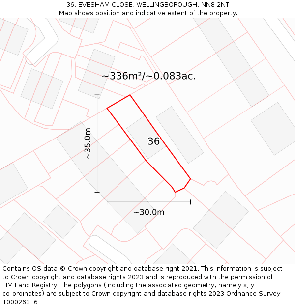 36, EVESHAM CLOSE, WELLINGBOROUGH, NN8 2NT: Plot and title map