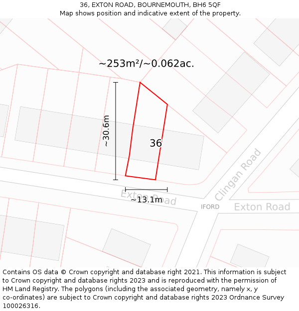 36, EXTON ROAD, BOURNEMOUTH, BH6 5QF: Plot and title map