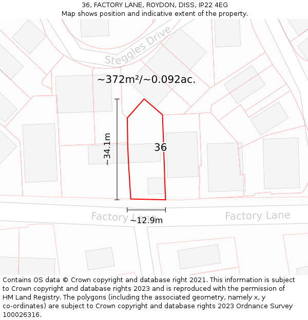 36, FACTORY LANE, ROYDON, DISS, IP22 4EG: Plot and title map