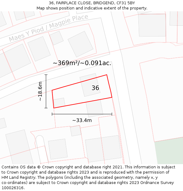 36, FAIRPLACE CLOSE, BRIDGEND, CF31 5BY: Plot and title map