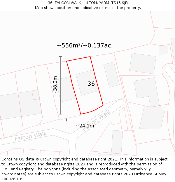 36, FALCON WALK, HILTON, YARM, TS15 9JB: Plot and title map