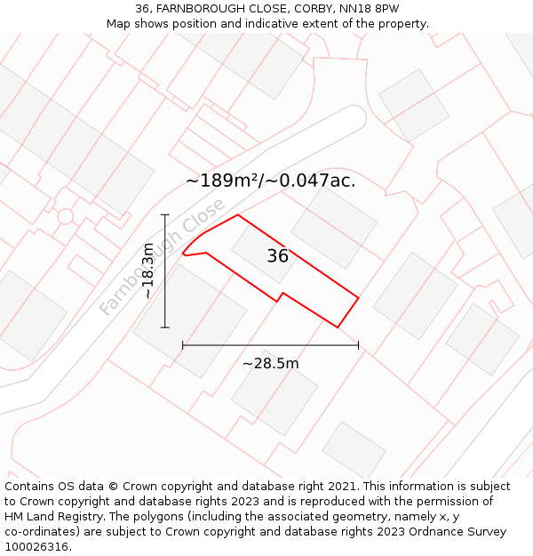 36, FARNBOROUGH CLOSE, CORBY, NN18 8PW: Plot and title map