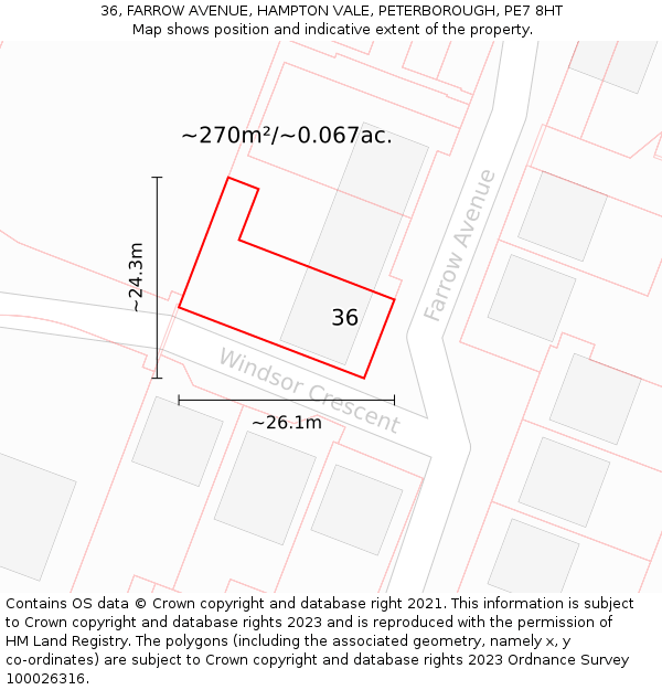 36, FARROW AVENUE, HAMPTON VALE, PETERBOROUGH, PE7 8HT: Plot and title map