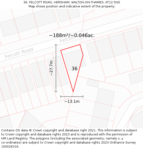 36, FELCOTT ROAD, HERSHAM, WALTON-ON-THAMES, KT12 5NS: Plot and title map