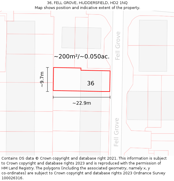 36, FELL GROVE, HUDDERSFIELD, HD2 1NQ: Plot and title map