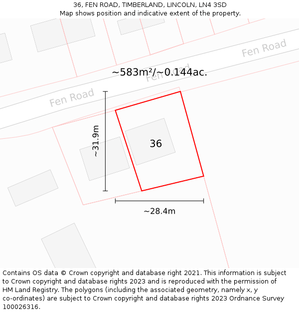 36, FEN ROAD, TIMBERLAND, LINCOLN, LN4 3SD: Plot and title map