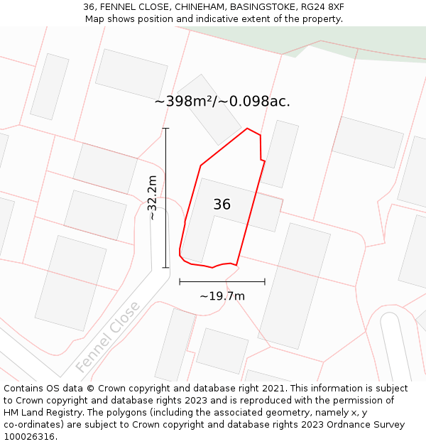 36, FENNEL CLOSE, CHINEHAM, BASINGSTOKE, RG24 8XF: Plot and title map