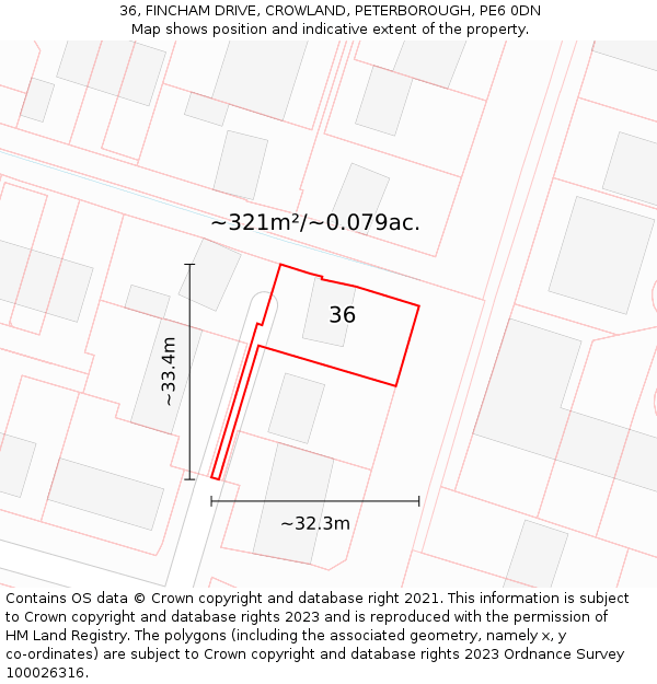36, FINCHAM DRIVE, CROWLAND, PETERBOROUGH, PE6 0DN: Plot and title map