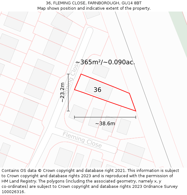 36, FLEMING CLOSE, FARNBOROUGH, GU14 8BT: Plot and title map