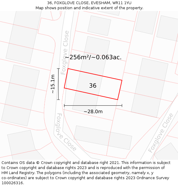 36, FOXGLOVE CLOSE, EVESHAM, WR11 1YU: Plot and title map