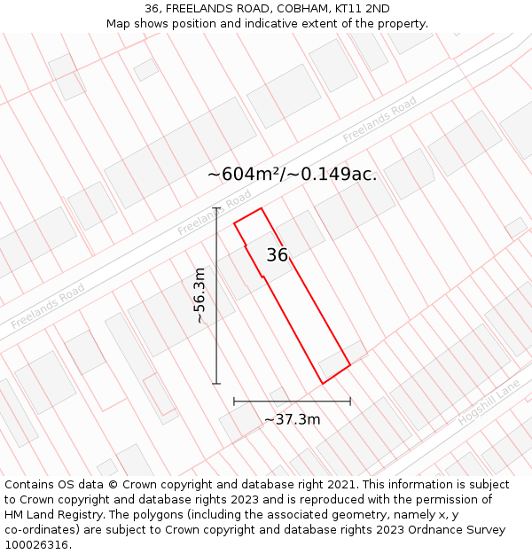 36, FREELANDS ROAD, COBHAM, KT11 2ND: Plot and title map