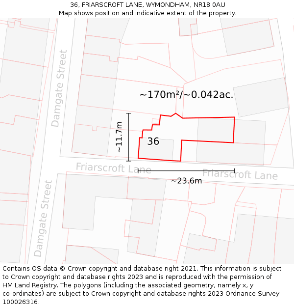 36, FRIARSCROFT LANE, WYMONDHAM, NR18 0AU: Plot and title map