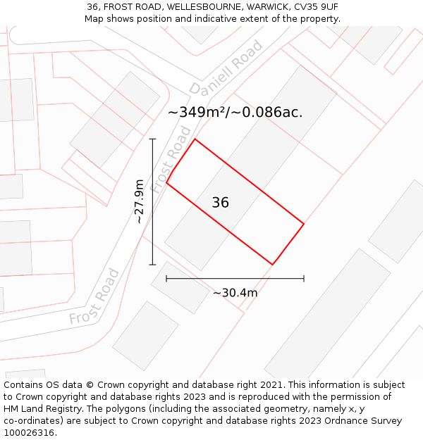 36, FROST ROAD, WELLESBOURNE, WARWICK, CV35 9UF: Plot and title map