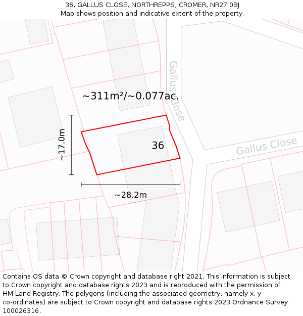 36, GALLUS CLOSE, NORTHREPPS, CROMER, NR27 0BJ: Plot and title map