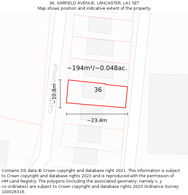 36, GARFIELD AVENUE, LANCASTER, LA1 5ET: Plot and title map