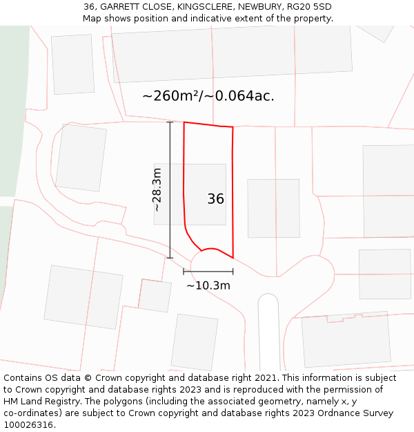 36, GARRETT CLOSE, KINGSCLERE, NEWBURY, RG20 5SD: Plot and title map