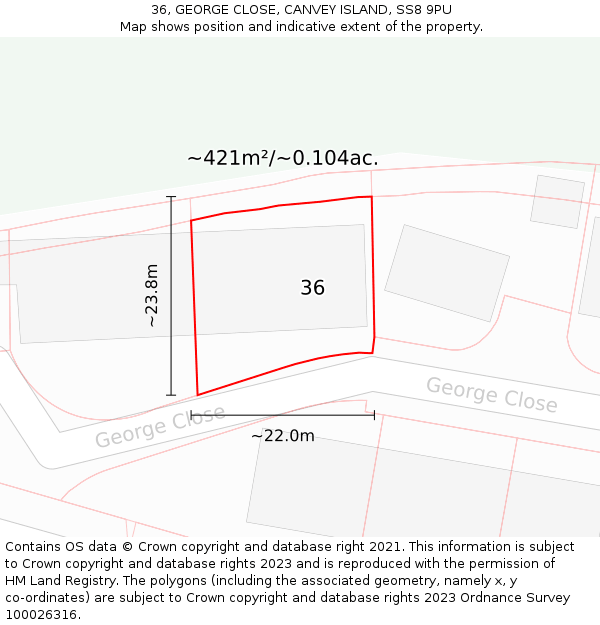 36, GEORGE CLOSE, CANVEY ISLAND, SS8 9PU: Plot and title map