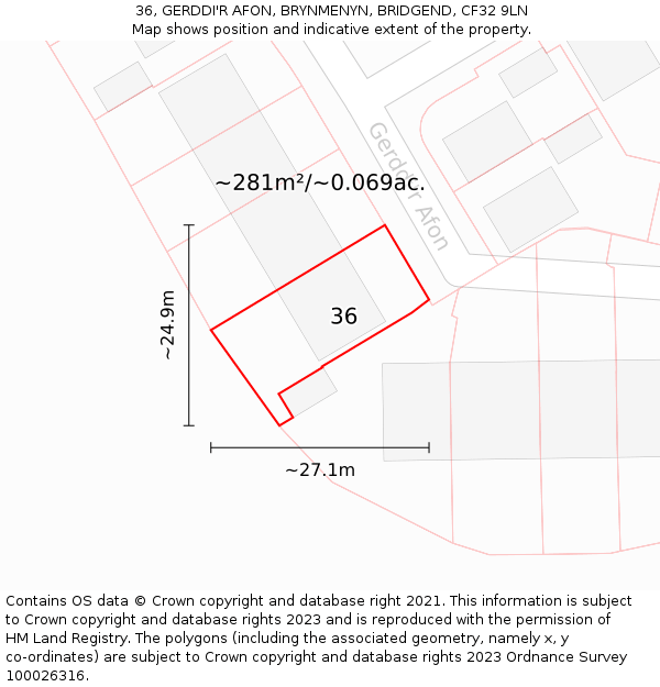 36, GERDDI'R AFON, BRYNMENYN, BRIDGEND, CF32 9LN: Plot and title map