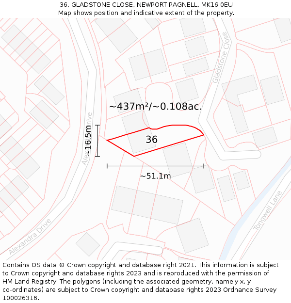 36, GLADSTONE CLOSE, NEWPORT PAGNELL, MK16 0EU: Plot and title map