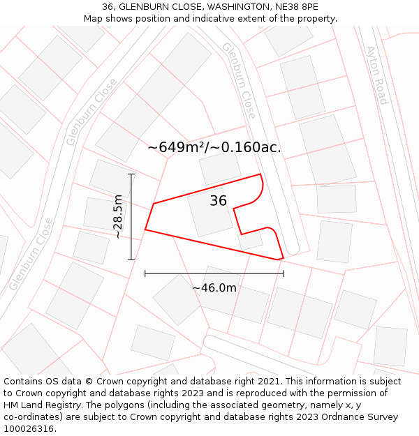 36, GLENBURN CLOSE, WASHINGTON, NE38 8PE: Plot and title map