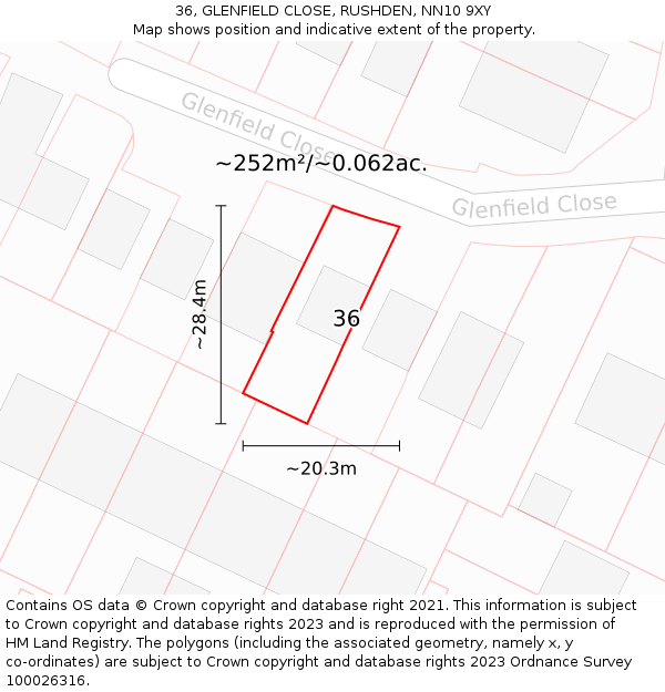 36, GLENFIELD CLOSE, RUSHDEN, NN10 9XY: Plot and title map